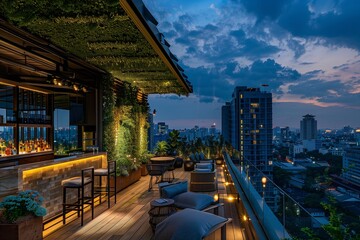 Poster - view of the city, A rooftop bar: the lush greenery now a muted olive, framing the panoramic view of the city. The outdoor seating invites guests to sip cocktails under the starlit sky.