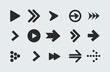 © Neeti - Arrows set black fill icons. Cursor vector collection. Modern simple arrow in circle, stroke dash dot joint adjacent triangle direction forward play and solid colour fill Icon set of arrow