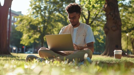 Wall Mural - Man Working on Laptop Outdoors