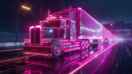 A mesmerizing 3D rendering illustration of a lorry truck with a container blueprint depicted as a glowing neon hologram, presenting a futuristic vision of transportation