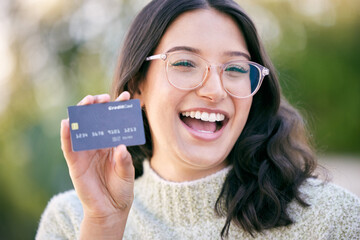 Canvas Print - Excited woman, outdoor and credit card for payment, finance or banking with transaction, shopping or client. Smile, happy person or customer with investment, budget or savings with discount or sale