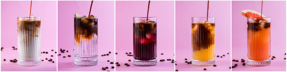 Poster - set of summer cold coffee drinks with milk, soda, orange and grapefruit on a pink background