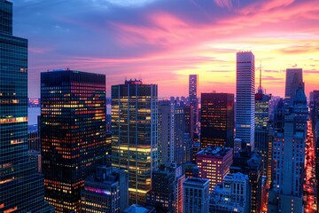  The city lights begin to twinkle as the sun sets, casting a warm glow over the urban landscape below