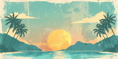 Wall Mural - a retro illustration of the sun setting over an ocean with palm trees, with muted colors and a grain