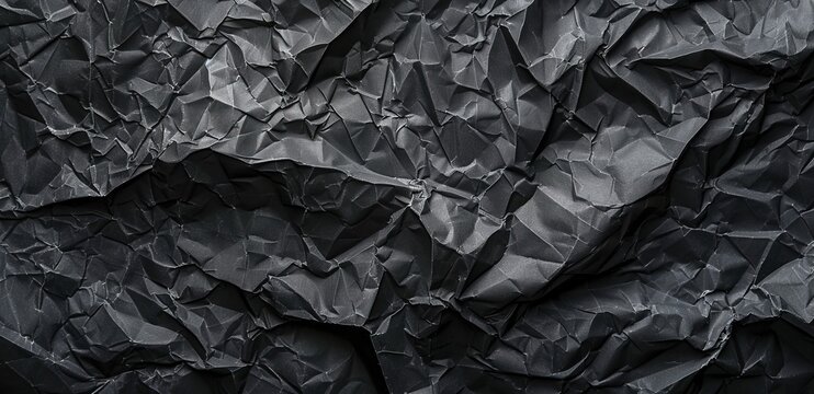 A closeup of crumpled black paper texture, with dark gray and matte tones.