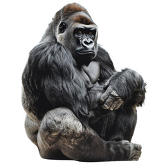 a large gorilla seated in front of a plain png background, a gigantic gorilla isolated on a whitepng