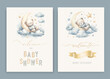Cute baby shower watercolor invitation card for baby and kids new born celebration. With clouds, moon, stars, teddy bear and calligraphy inscription.