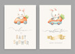 Cute baby shower watercolor invitation card for baby and kids new born celebration. With bunny on carrot car and calligraphy inscription.