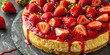 Close-up of New York cheesecake with fresh strawberries and a drizzle of strawberry sauce, dark slate surface.