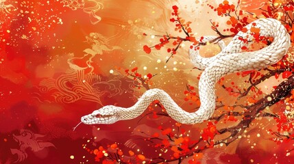 White snake slithering on red background