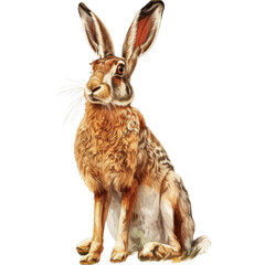 Wall Mural - Watercolor illustration of a hare sitting, Png background, a hare isolated on transparent background