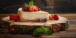 Close-up of New York cheesecake with fresh strawberries and a drizzle of strawberry sauce, dark wooden board