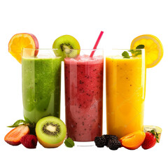 Sticker - Assorted fresh fruit smoothies with various berries, blended and displayed on a Png background, a healthy fresh fruit smoothies isolated on transparent background