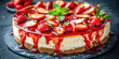 Close-up of New York cheesecake with fresh strawberries and a drizzle of strawberry sauce, dark slate surface.