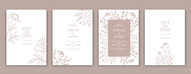 Wall Mural - Wedding Invitation with Flowers in line design.
