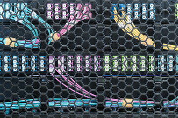 Poster - Telecommunication Internet equipment with wires and communication blocks. Telecommunication technology concept background