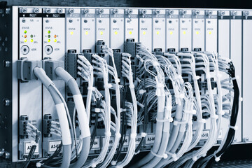 Poster - Technical unit for telecommunications equipment with connected electrical and optical internet cables