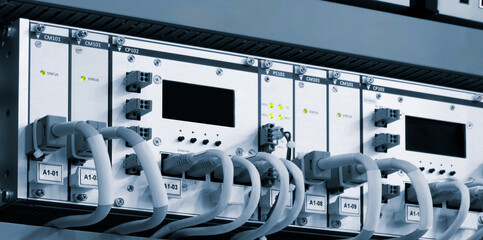 Poster - Technical unit for telecommunications equipment with connected electrical and optical internet cables