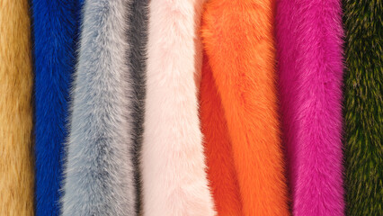 Poster - A row of fuzzy, brightly colored fabric pieces. The colors are blue, pink, orange, green, and yellow