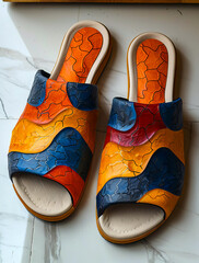 A pair of colorful leather sandals with blue and orange stripes.