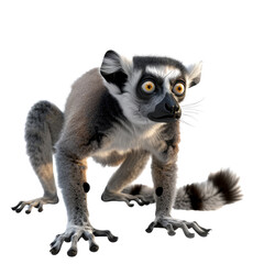 Sticker - A ring-tailed lemur stands on a plain Png background, showcasing its distinctive black and white striped tail, a lemur isolated on transparent background