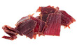 Pieces of delicious beef jerky isolated on a white background. Portion of dried meat.