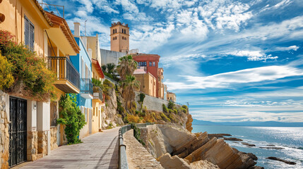 Wall Mural - A seaside village with colorful buildings on a rocky cliff overlooking the ocean.