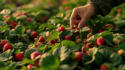 Wall Mural -  A field of organic strawberries being hand-picked, ready for local markets.