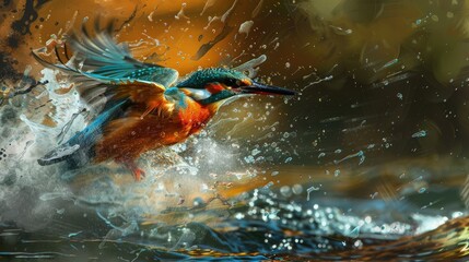 Poster -  A kingfisher diving into a river, a splash of color and speed.