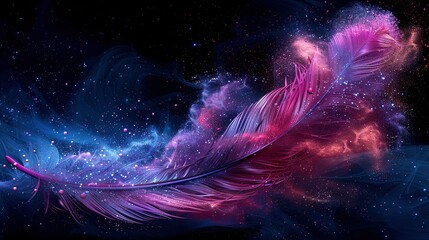 pink and blue feather floating against black background with stars and dust