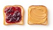 © Chase D’Animulls - Peanut butter and jelly sandwich on bread or toast isolated on white background. Breakfast or lunch snack. Vegetarian food. American cuisine top view of two halves un cut with spread and jam on both
