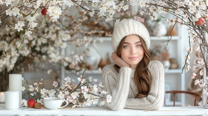 Sticker -   A stunning young lady rests at a table beneath a white-flowered tree, sipping a cup of coffee