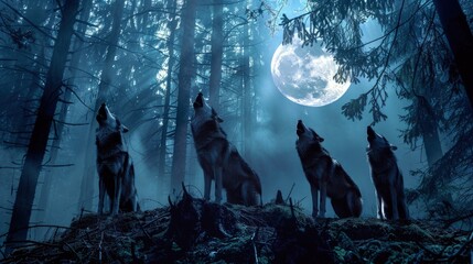 Wall Mural -  Gray wolves howling, dense forest, night, moonlight silhouette.