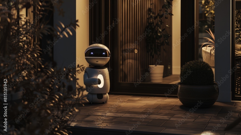 Robot setting up a smart home security system, vigilant, night-time ...