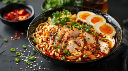 Wall Mural - top view food photography of Japanese ramen in a bowl