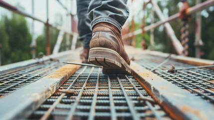 close up of worker walking on metal platform at construction site