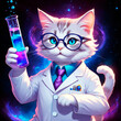 A cartoon scientist cat in a lab coat holds a test tube with a colored substance in his hand against the background of space