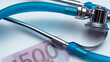 A blue stethoscope next to a 500 euro bill. The concept of paid treatment. medicine and health care. Close-up.