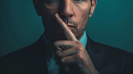 Close up of a serious businessman making a silence gesture, concept for whistleblowing or secrecy