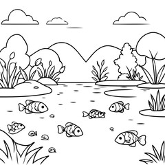 Poster - Simple vector illustration of Pond drawing for toddlers coloring activity