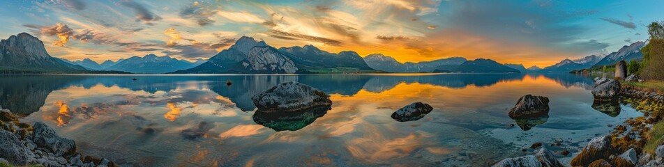 Wall Mural - A panoramic view of the sunset over Lake with mountains in the background and reflections on water Generative AI