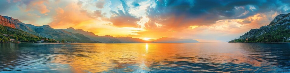 Poster - panoramic view of the sea, sunset with orange and blue sky, green mountains in the distance, blue water surface, panoramic photography Generative AI