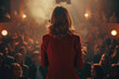© Anas - a woman giving a speech in microphone realistic image high quality