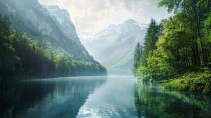 Naklejka na meble A lake sits nestled among towering mountains and lush trees, creating a serene natural landscape