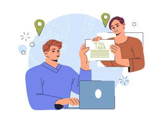 Poster - Two cartoon characters planning a task with a world map background, concept of task management and collaboration. Flat vector illustration