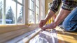 © mariodelavega - A person applying weatherstripping to drafty windows in a bright, airy room, tools and materials laid out, showing a DIY home improvement scene.