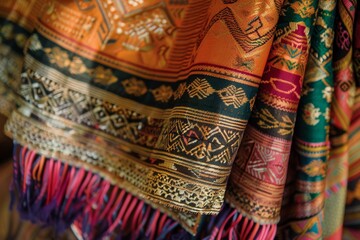 Close-up of vibrant, patterned textiles in a traditional clothing shop