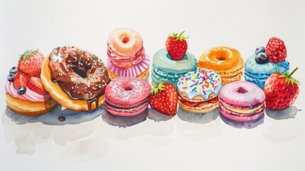 Wall Mural - Illustrated in vibrant watercolors against a crisp white backdrop are a delightful assortment of treats donuts cake cookies strawberries and macarons