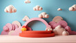 © FATNA - Background podium baby cute product 3d cloud kid children display banner room toy design blue. Podium scene boy background rainbow baby stand studio presentation shower template sale stage poster sky