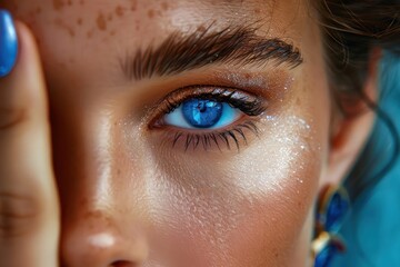 Wall Mural - A woman with blue eyes and brown hair is wearing makeup